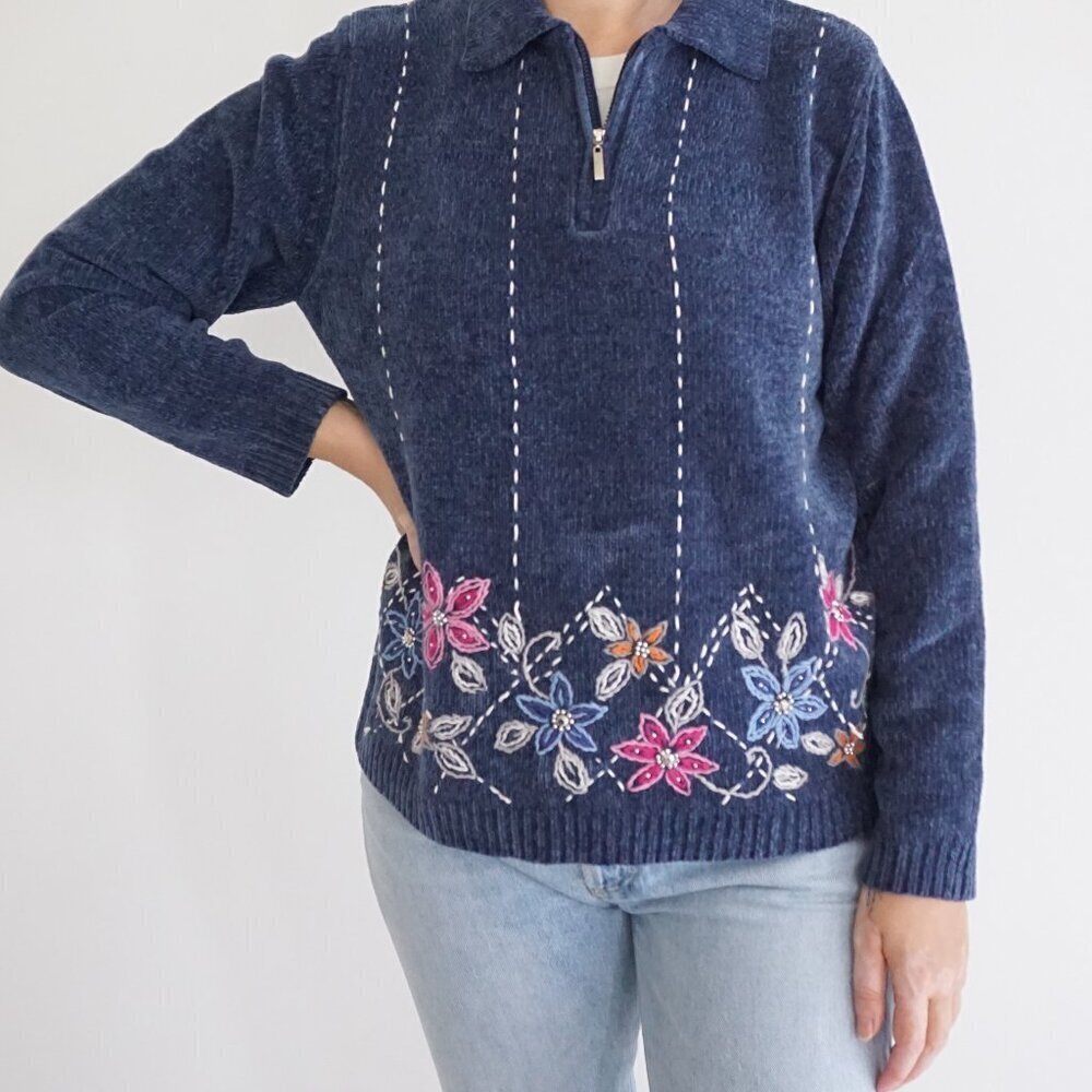 Vintage Blue Alfred Dunner Embroidered Floral Quarter Zip Sweater Grandmacore S
